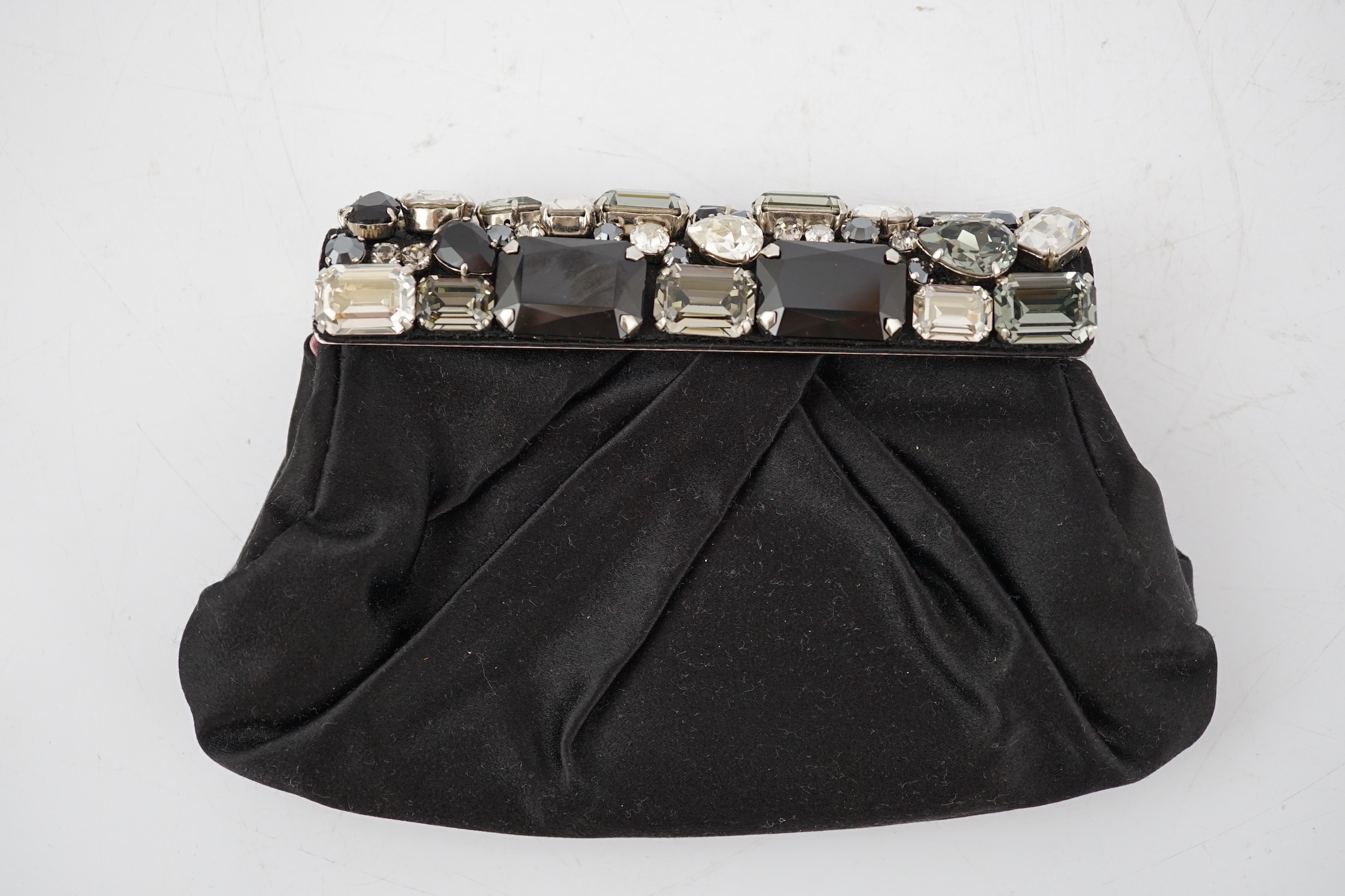 A Prada Raso Stones Nero black satin clutch bag height 12cm, width 19.5cm, depth 4cm